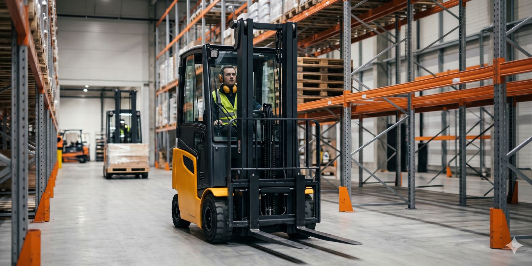 Ein ungenutzter Gabelstapler fährt leer durch eine weitläufige Lagerhalle. Im Hintergrund sind leere Regalplätze sichtbar, was auf ungenutzte Kapazitäten und ineffiziente Abläufe hindeutet.